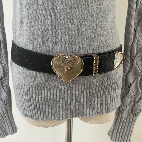 al beres  Engraved Heart Buckle Black Moc Croc Leather Belt   M/37” - Picture 10 of 10